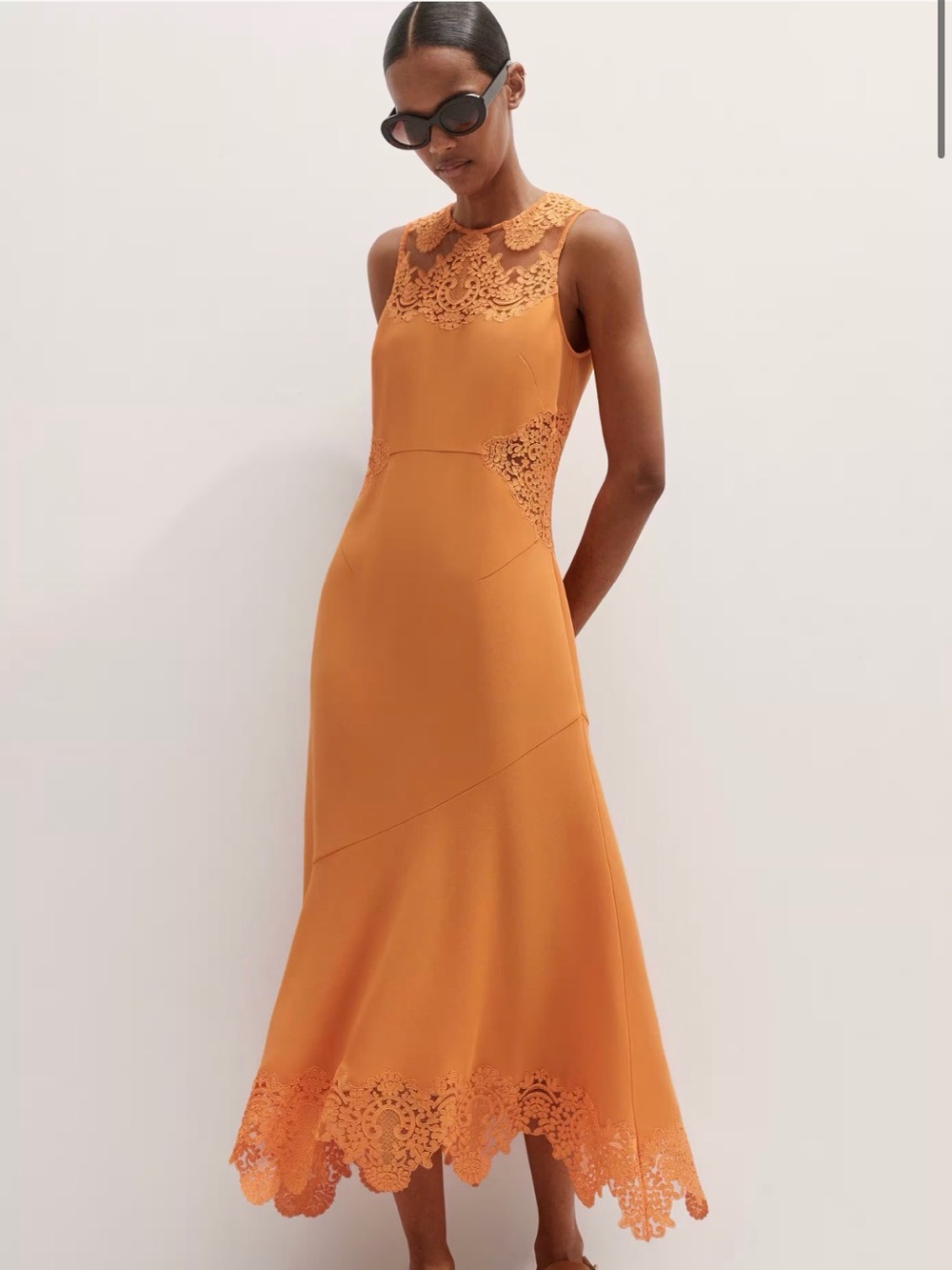 ME+EM Sleeveless Midi Dress in Mango Orange with Lace Trim US sz 4